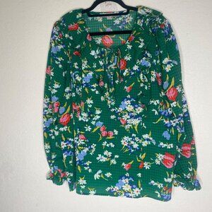 Loft Womens Floral Green Ruffle Blouse XL Lightweight Long Sleeve Colorful Casua